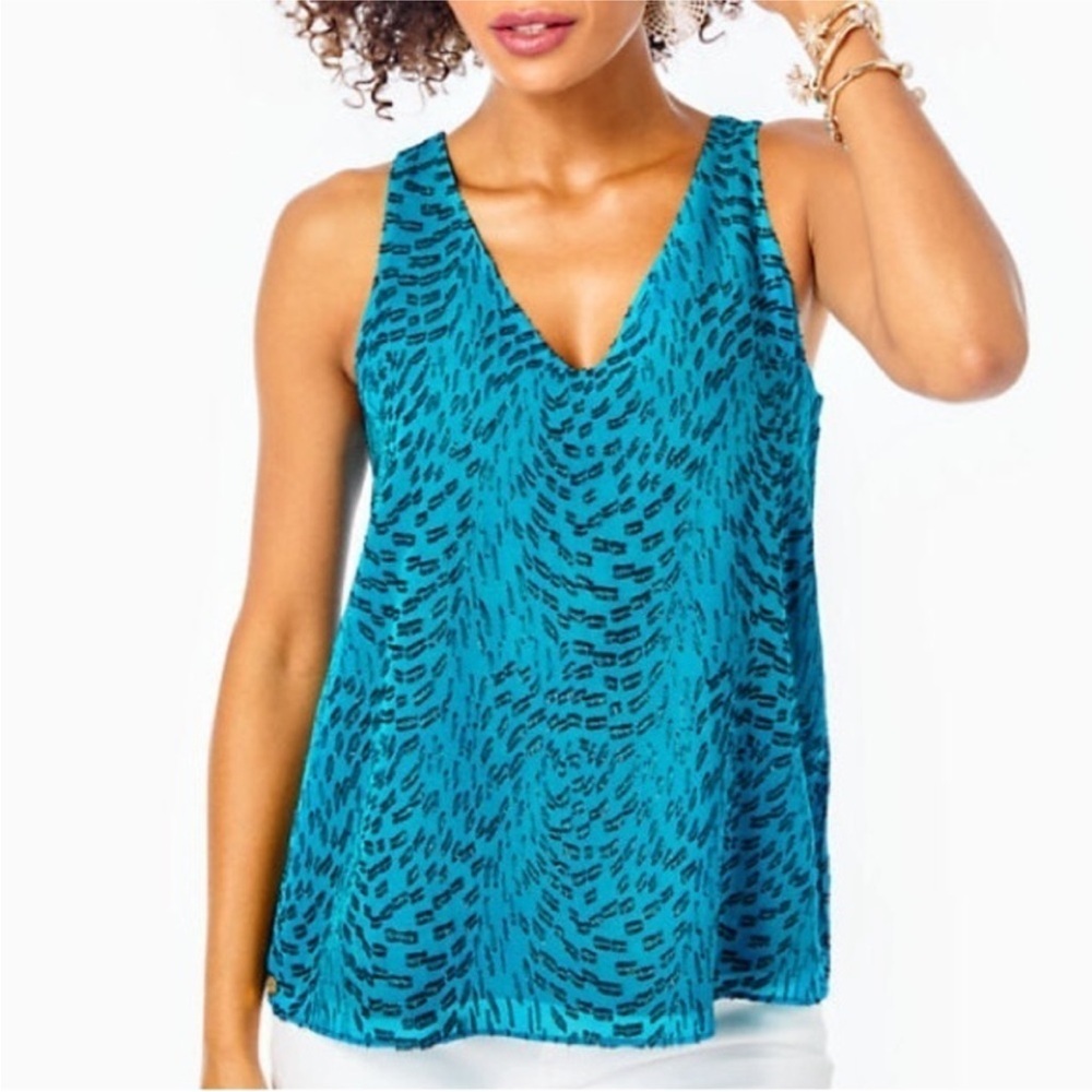 Lilly Pulitzer Florin SILK Tank Top Teal Swirl Clip MEDIUM resortwear luxe glam